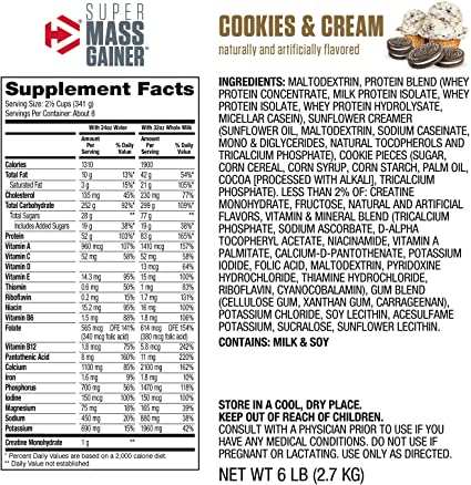 Dymatize Super Mass Gainer Protein Powder, 1310 Calories & 52g Protein, 10.7g BCAAs, Mixes Easily, Tastes Delicious, Cookies & Cream, 6 Pound) #3